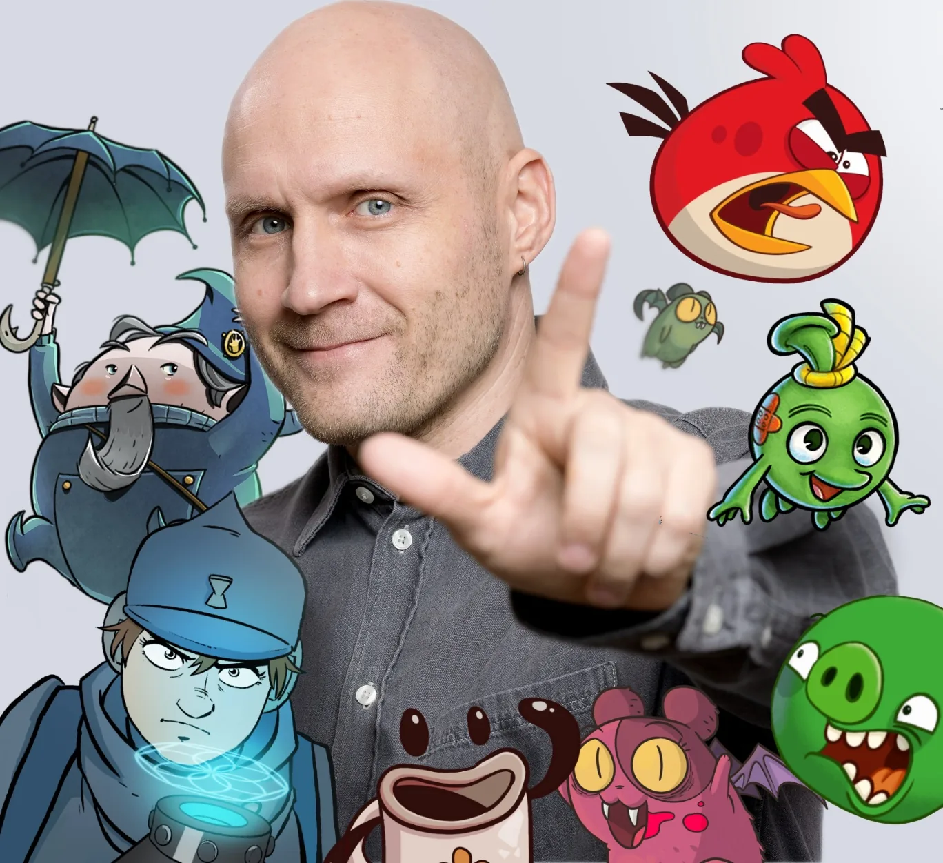 Lauri Konttori peli- ja animaatiohahmojen keskell&auml;.